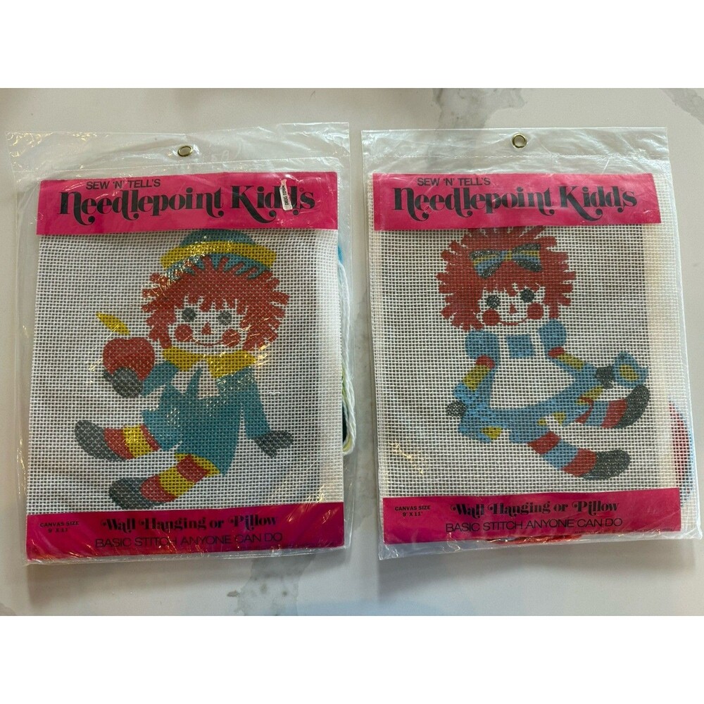Vintage Needlepoint Kidd's Kit Raggedy Ann & Andy Ragdoll Pillow or Wall Hanging